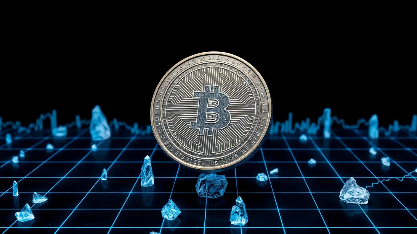 Moeda metálica gravada com o símbolo do Bitcoin sobre superfície escura, iluminada por luz azul glacial e cercada por linhas de dados