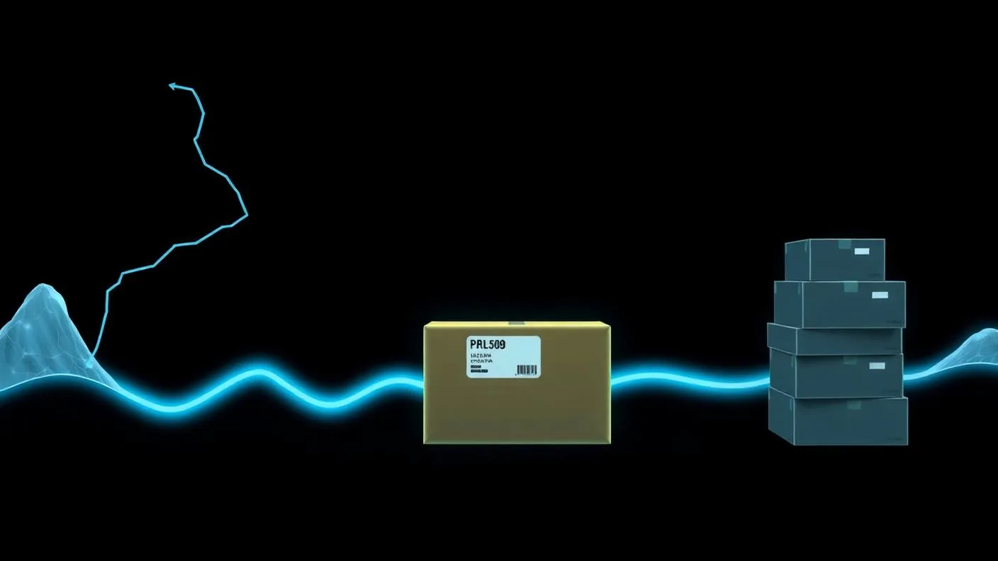 Encomenda com etiqueta de rastreio percorrendo uma rota luminosa azul entre dois pontos, com caixas de eletrônicos empilhadas na penumbra