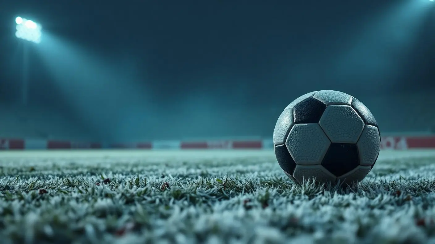 Bola de futebol genérica em gramado congelado sob refletores, com linhas de dados ao fundo