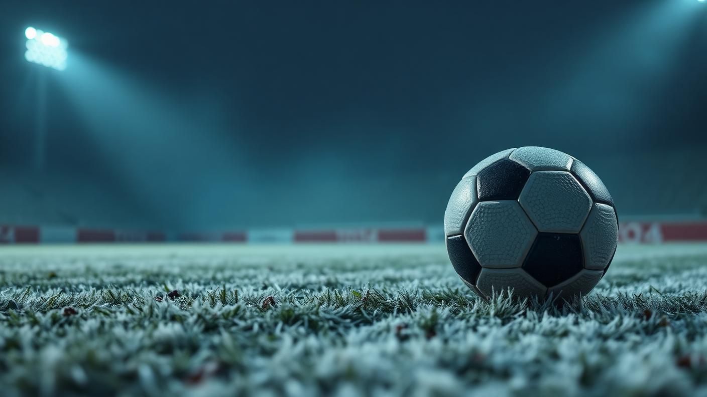 Bola de futebol genérica em gramado congelado sob refletores, com linhas de dados ao fundo