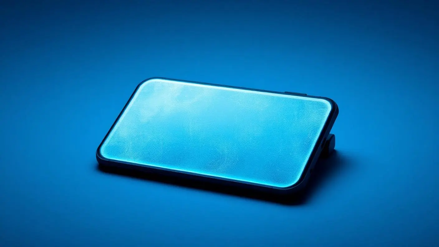 Silhueta de smartphone em vidro fosco com iluminação fria em fundo azul profundo