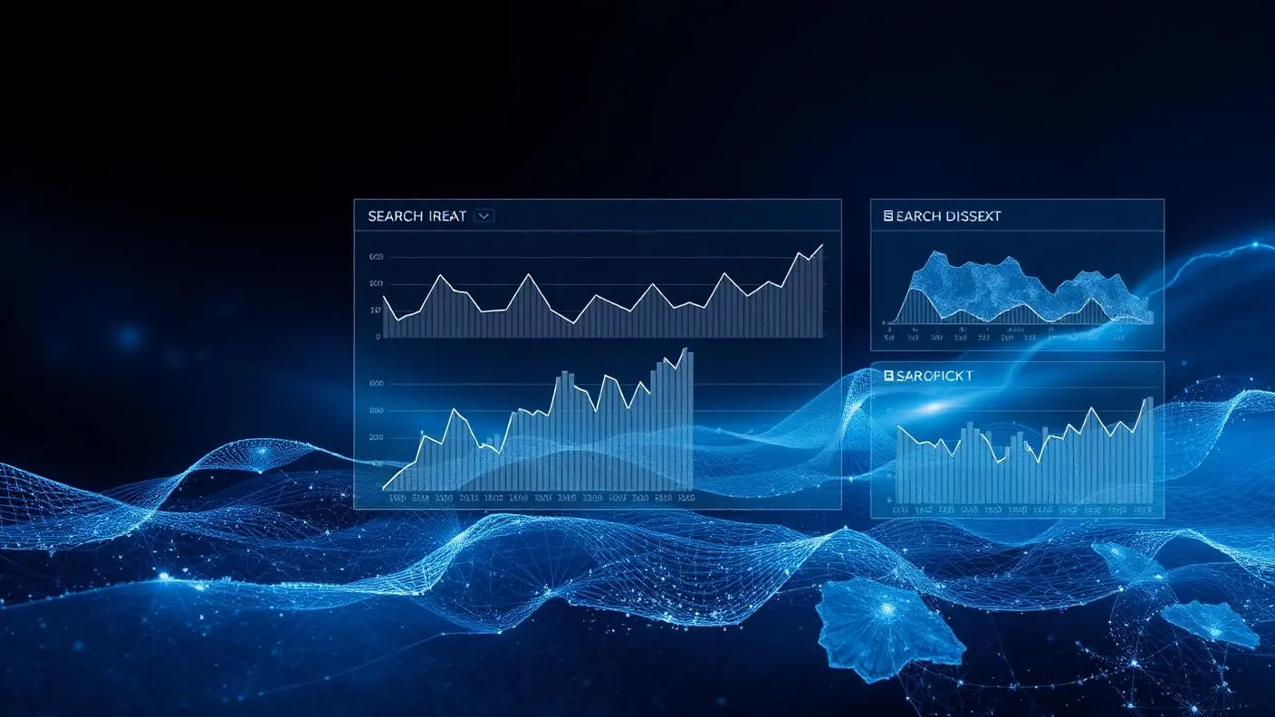 Painel escuro com gráficos comparativos de interesse de busca em azul gelo