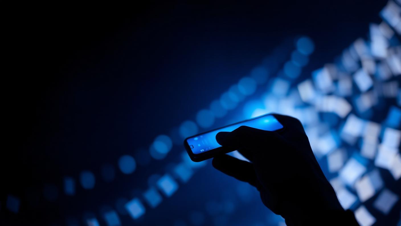 Mão segurando um celular aceso na escuridão com cartões de luz desfocados em rolagem infinita