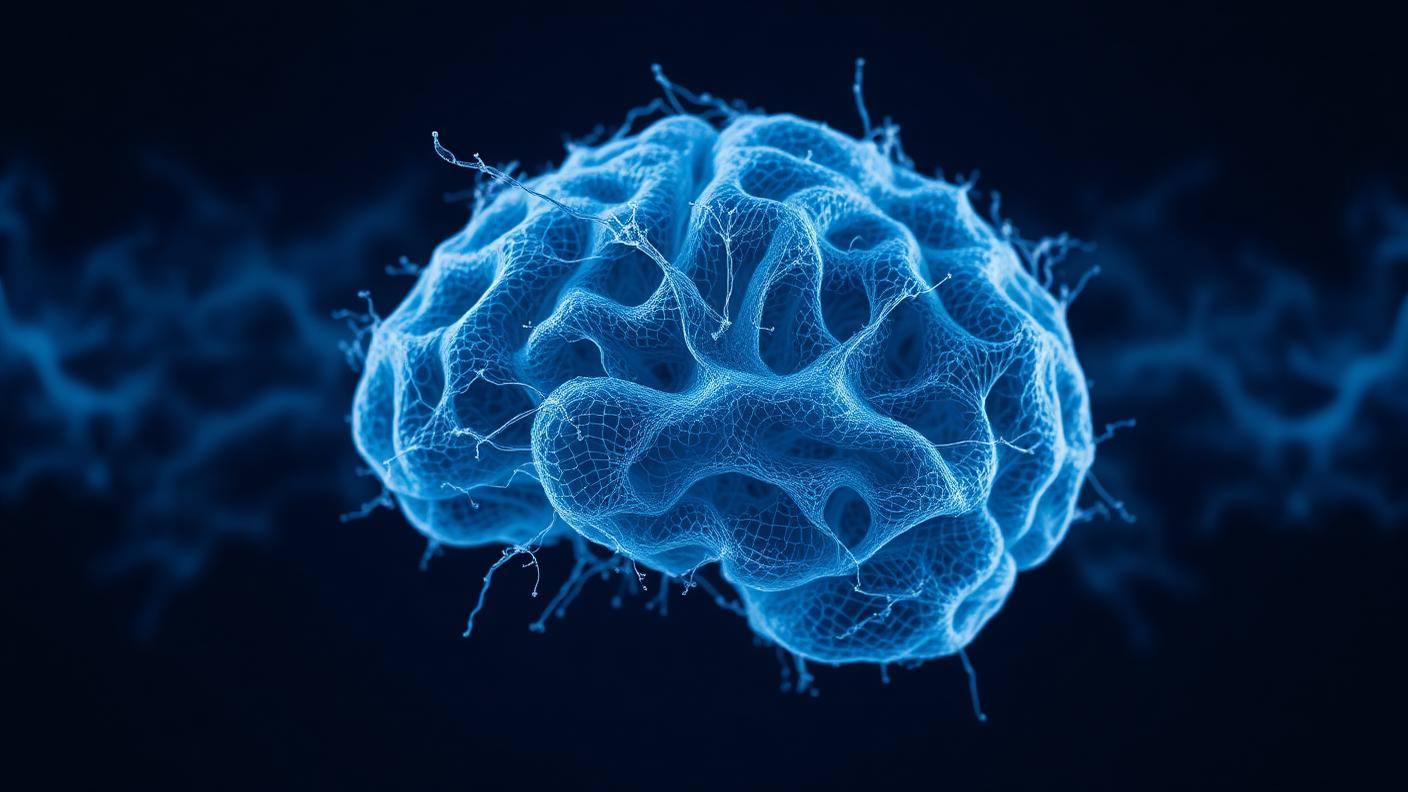 Malha neural de filamentos congelados formando uma silhueta de cérebro em azul frio