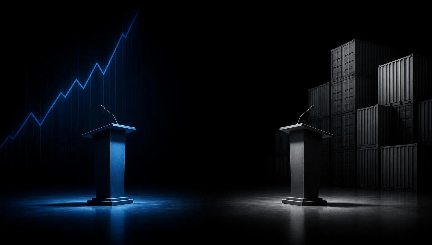 Dois púlpitos vazios em um palco escuro: um sob luz azul glacial com gráfico ascendente ao fundo, outro sob luz cinza-aço diante de contêineres de carga empilhados