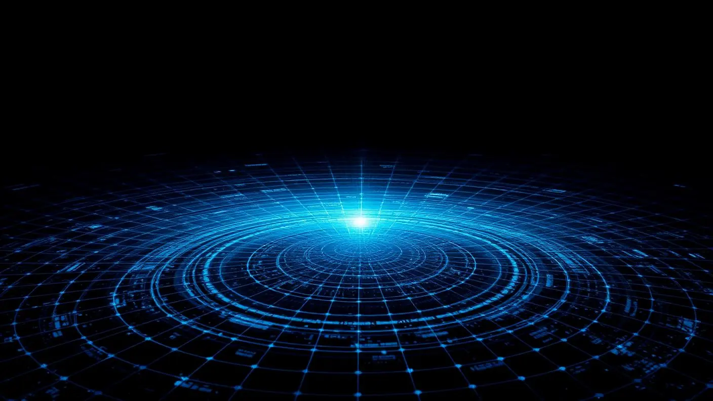 Ponto de luz se espalhando em ondas por uma malha global escura, representando difusão de uma tendência