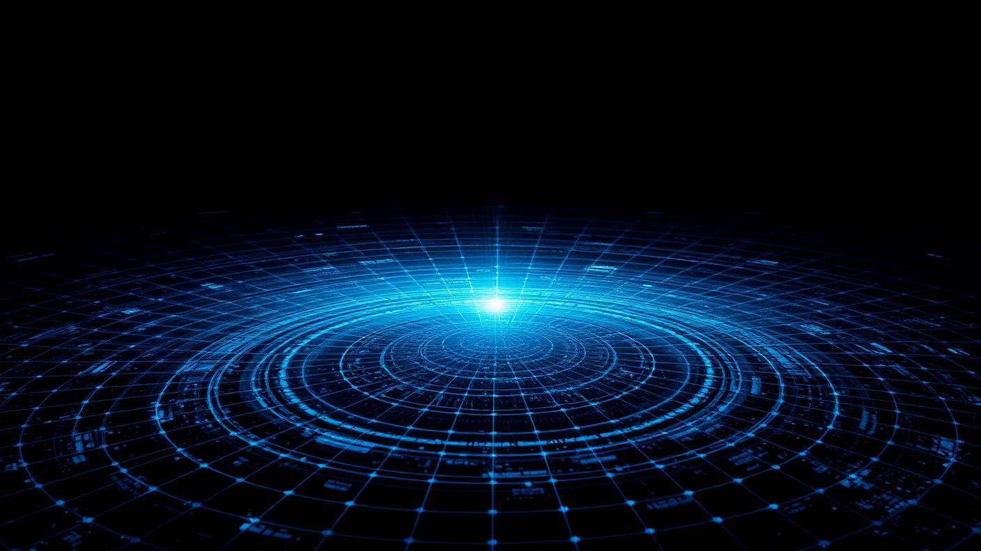 Ponto de luz se espalhando em ondas por uma malha global escura, representando difusão de uma tendência