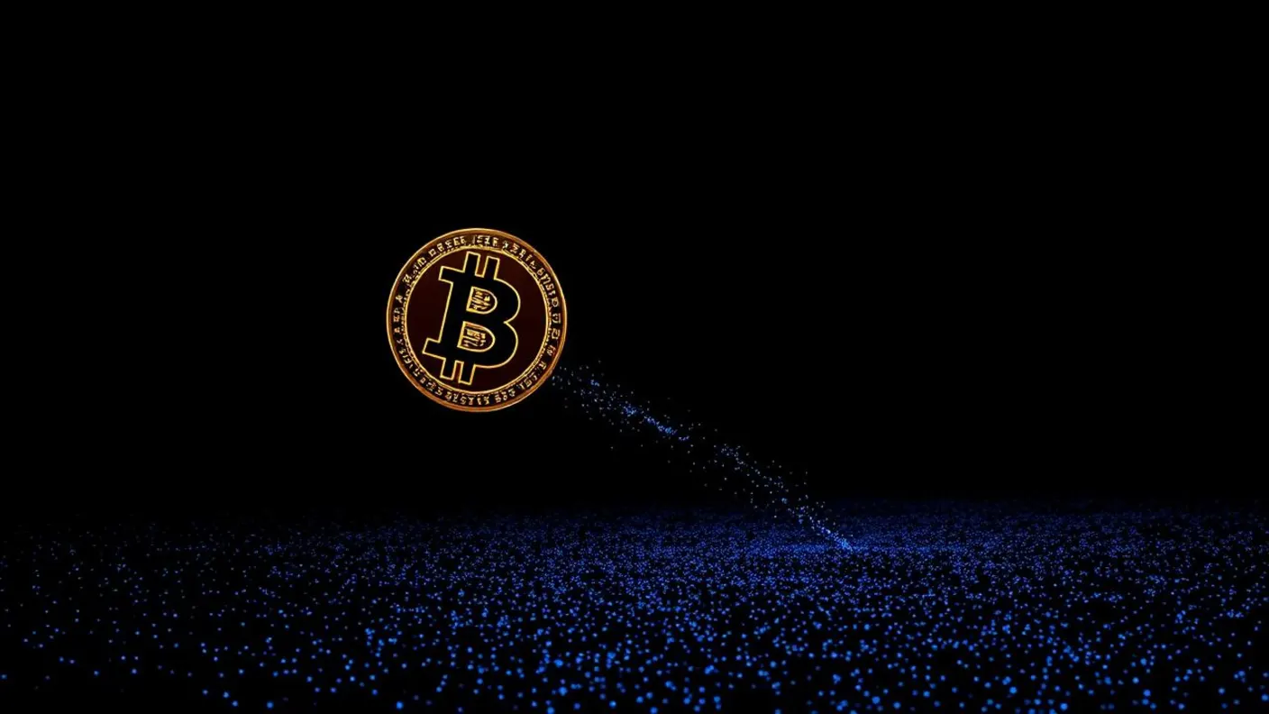 Ilustração de uma moeda de Bitcoin se dividindo em milhões de partículas luminosas representando satoshis